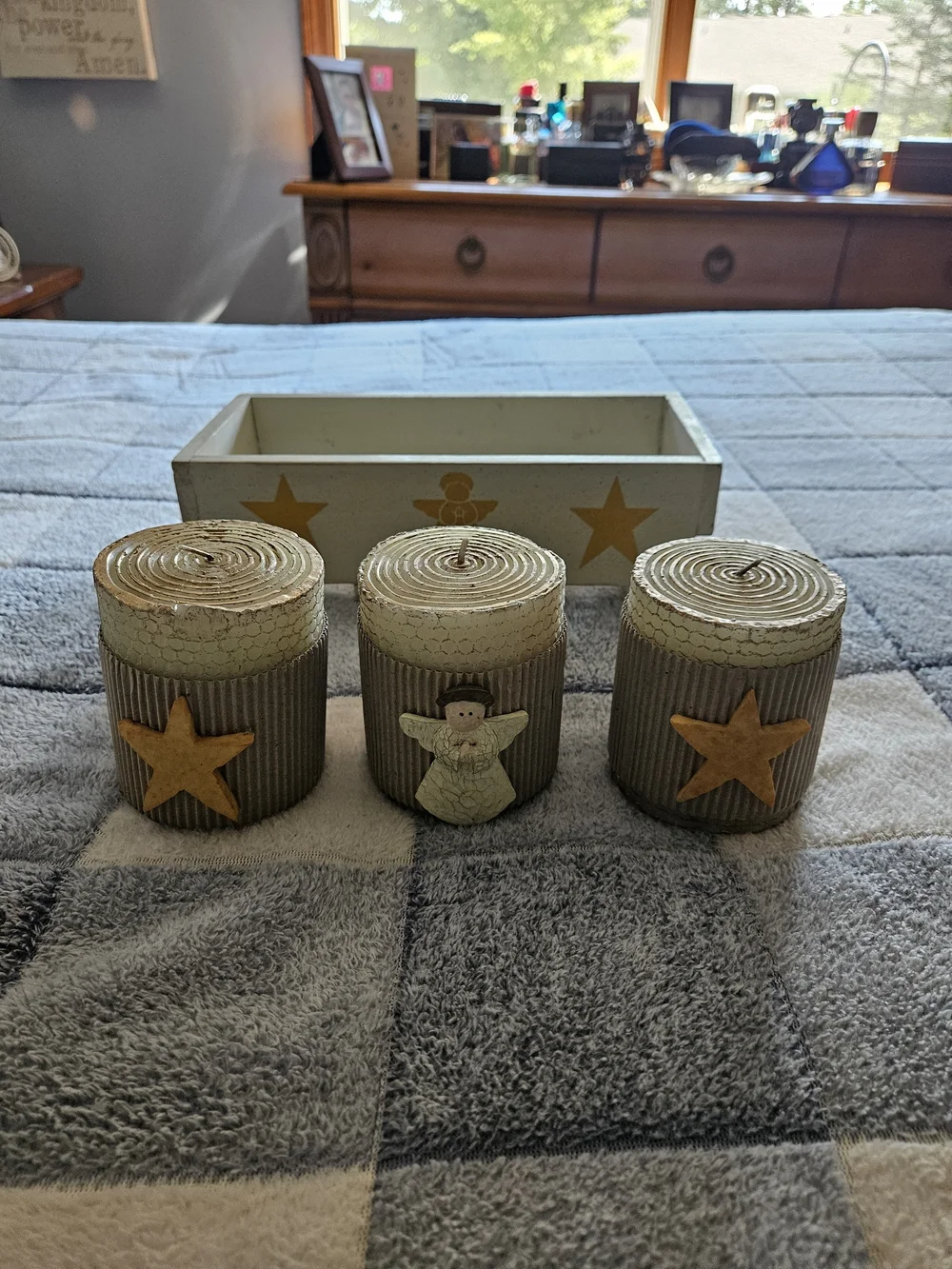 Decorative Cream Candle Trio with Yellow Star Accents And Angel